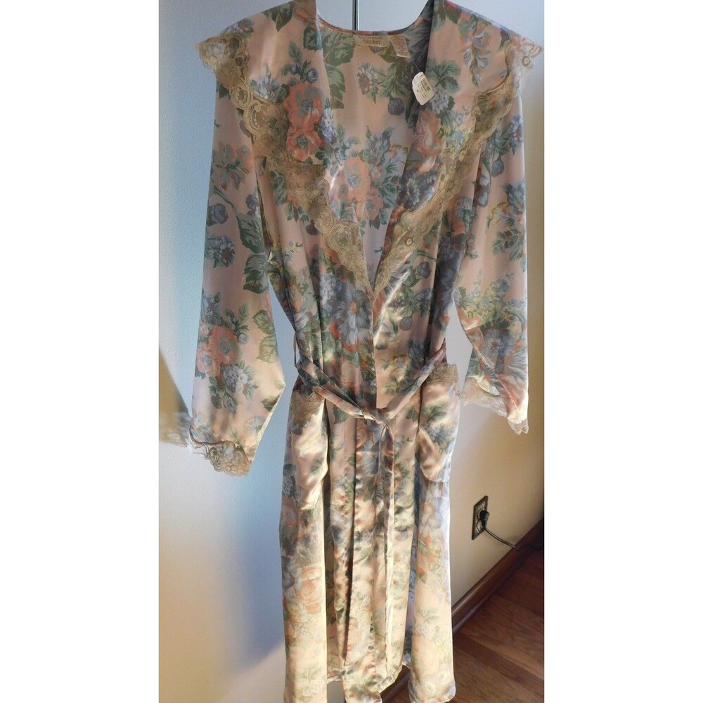 Vintage Victorias Secret Robe Gold Label Floral Lace Long Satin Size Medium NEW